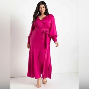 Eloquii pink satin plus size maxi dress (size 16) long sleeve